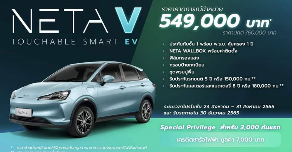 เนต้า พร้อมลุยตลาดอีวีเมืองไทย เปิดราคา NETA V 549,000 บาท*